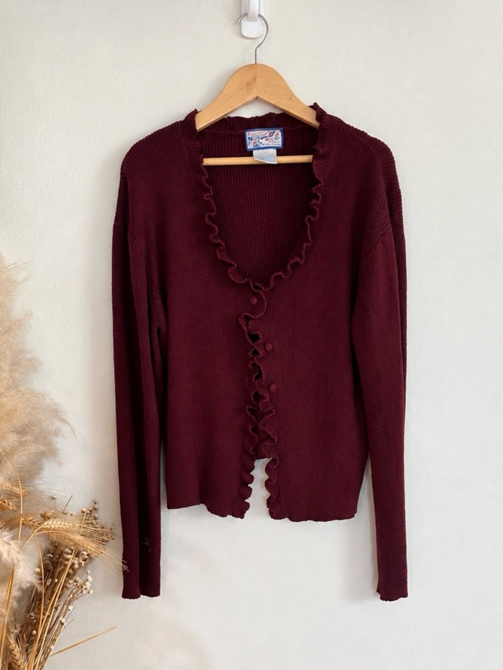 April Cornell Burgundy Ruffle Cardigan Sweater Size Small